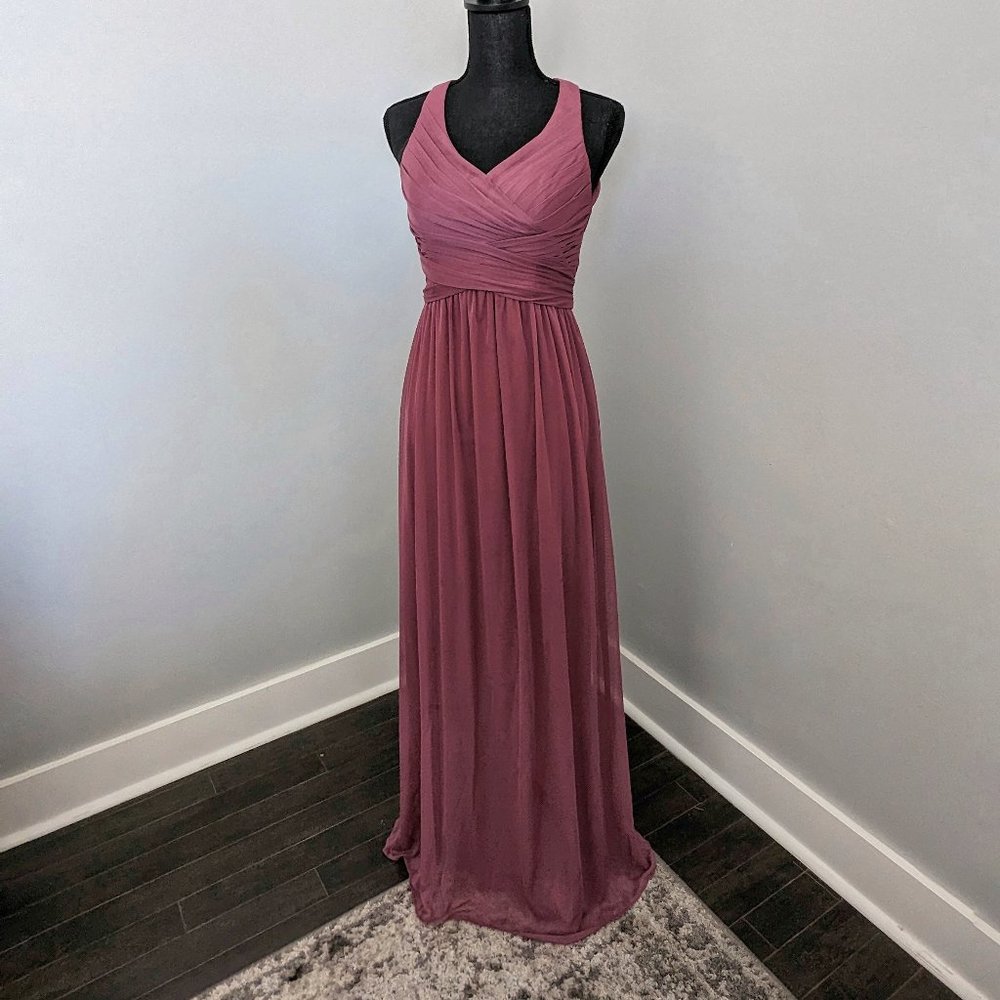 David's Bridal Mesh Long Bridesmaids Dress w/ Crisscross Back